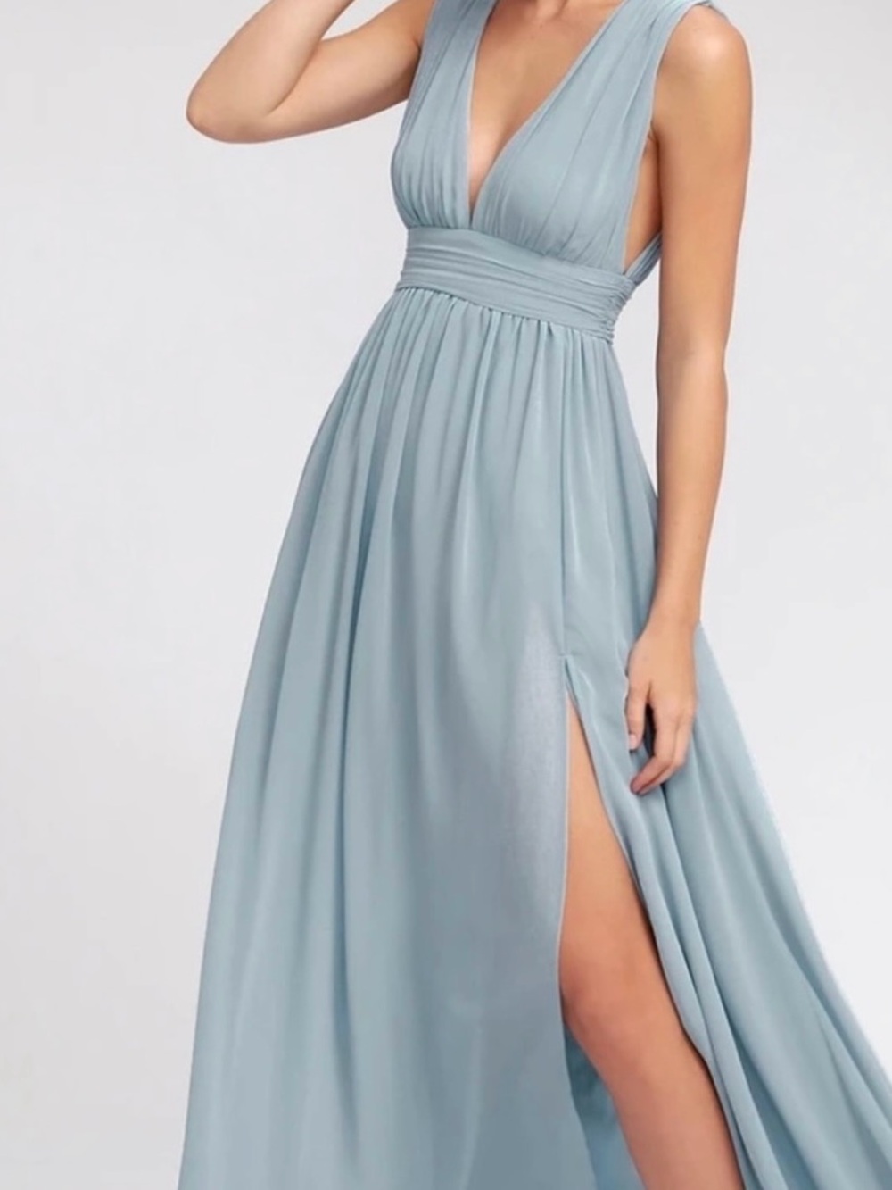 Lulu's Dusty Blue Deep V Maxi Dress with Side Slit
